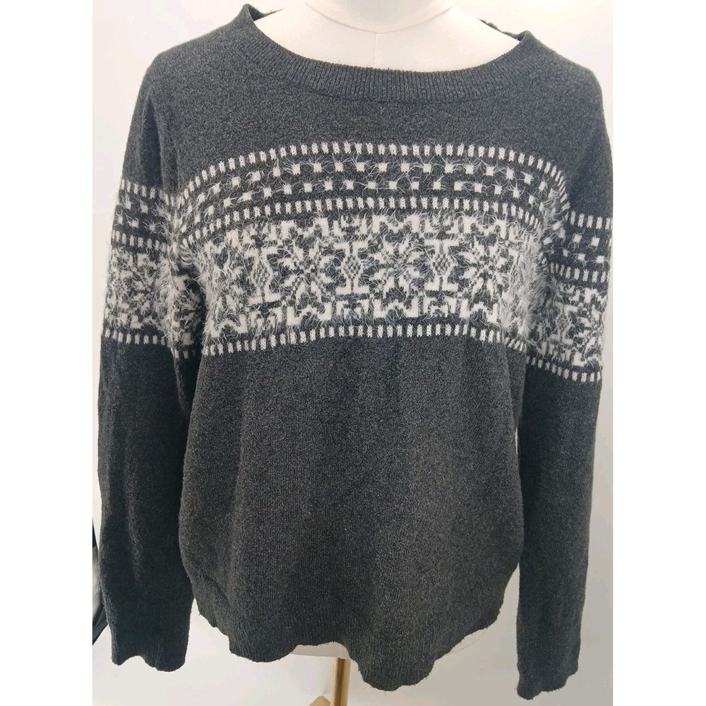 Loft Ann Taylor Gray Size Medium Pullover Stretch Sweater Snowflakes Print